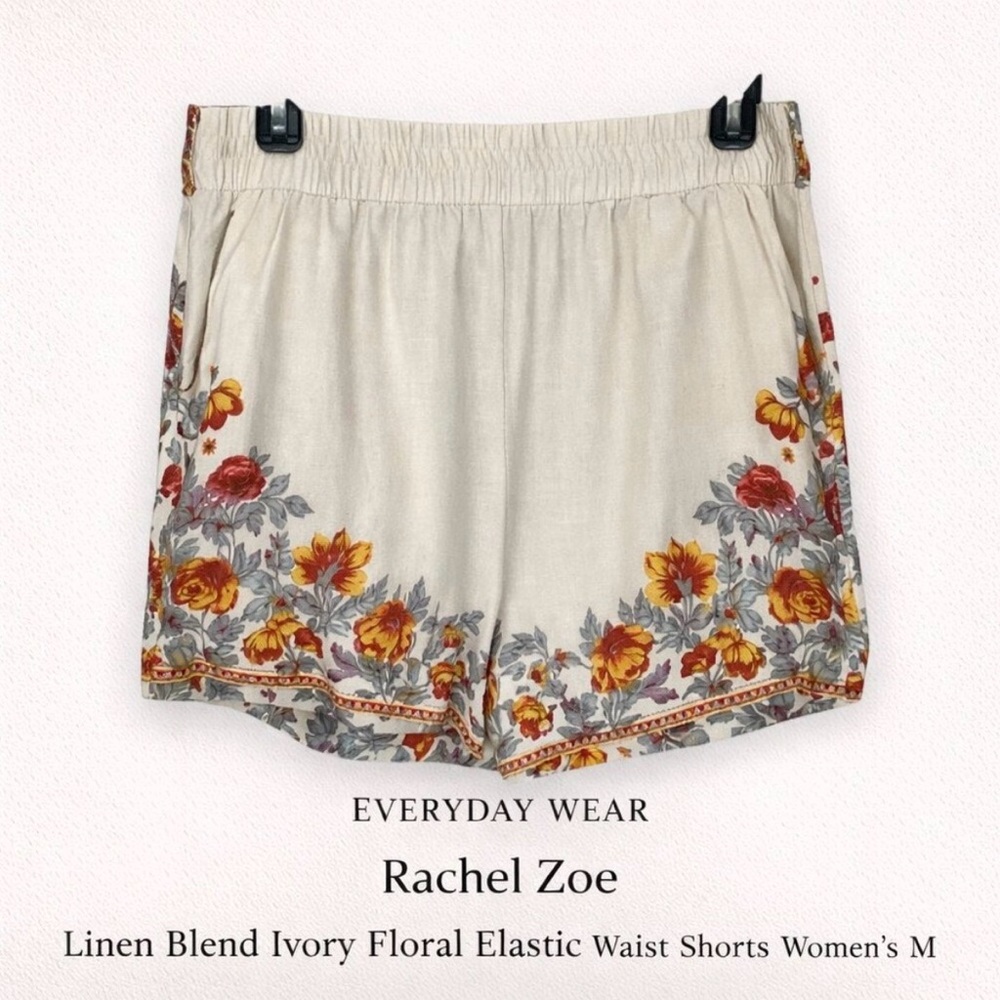 Rachel Zoe Linen Blend Ivory Floral Elastic Waist Shorts Women’s M